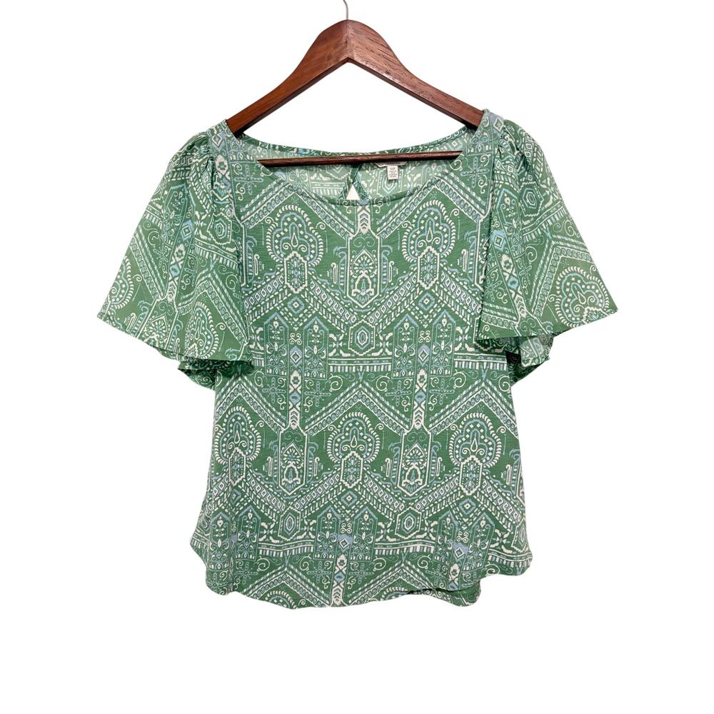 Lucky Brand Green Boho Flutter Sleeve Keyhole Back Cotton Modal Top Small